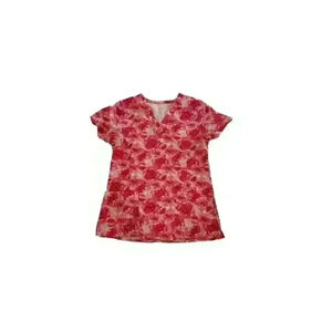 Women's Pink Scrub Top Pockets Size Small S Floral Vneck Short Sleeve by Maevn‎